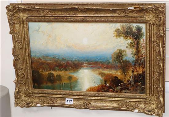 English School c.1900, oil on card, River landscape, 27 x 45cm
